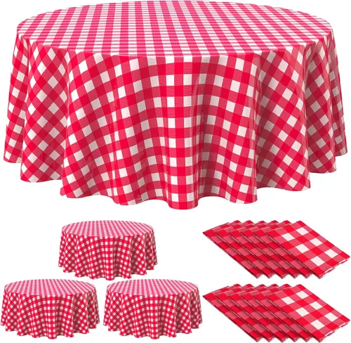 Vista 22 de Remagr Mantel Desechable de Cuadros Redondo de Plástico Buffalo Plaid Mantel de Mesa de 84'' Cubierta de Mesa Gingham para Picnic Camping BBQ Fiesta