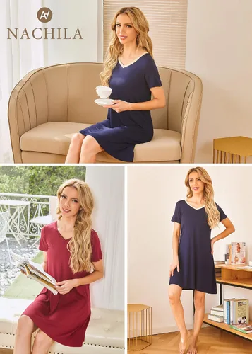 Vista 6 de NACHILA Camisones de viscosa para mujer, hechos de bambú, suaves camisas de dormir de manga corta, ropa de dormir suelta