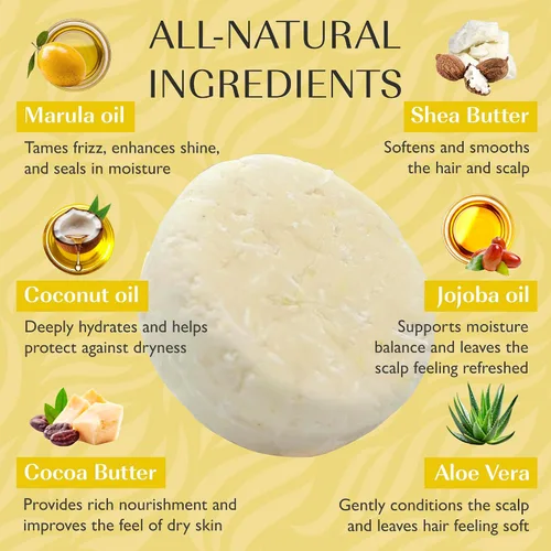 Vista 2 de Barra de champú sólido orgánico para cabello seco, rizado y adelgazante Nutrición profunda con aceite de marula y manteca de karité, manteca