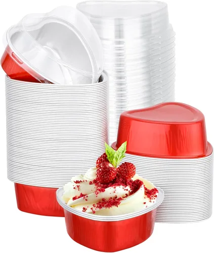 Vista 13 de EUSOAR Moldes para hornear en forma de corazón, de papel de aluminio, de 3.4 onzas, con tapas, aperitivos, postres, flan, cupcakes, tartas, ramekin