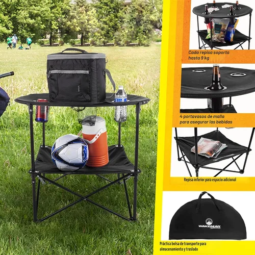 Vista 4 de Mesa de Camping - Mesa Plegable de 2 Niveles con 4 Portavasos y Bolsa de Transporte para Picnic, Tailgate, Playa o Campamento - Equipo de Camping