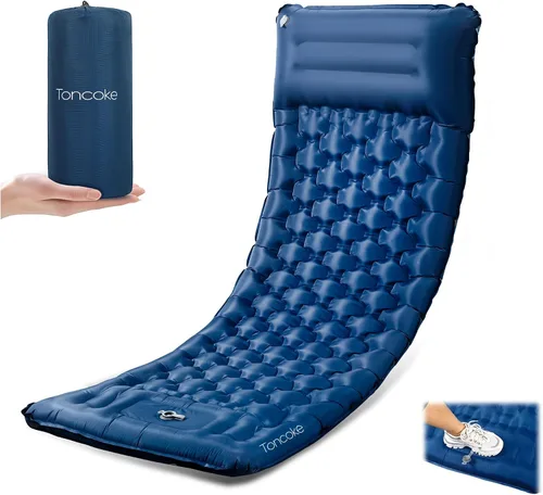Vista 10 de Almohadilla de dormir Toncoke, almohadilla inflable extra gruesa y ultraligera con almohada, bomba de pie de 30s, colchón de camping de 3.54