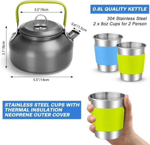 Vista 2 de Odoland 15pcs Camping Cookware Mess Kit, Non-Stick Lightweight Pot Pan Kettle Set with Stainless Steel Cups Plates Forks Knives Spoons for Camping
