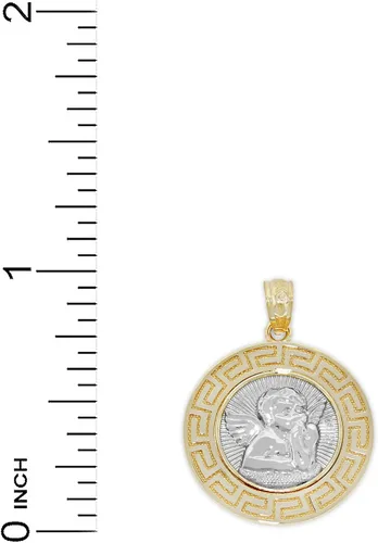 Vista 3 de Colgante de medallón de ángel de la guarda de oro - Patrón de llave griega - Oro macizo de 14 quilates, Oro amarillo