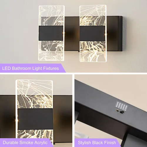 Vista 6 de Moderna lámpara LED de baño, regulable, 2 luces, color negro, 5CCT, ajustable, luces de tocador sobre el espejo, luces LED de acrílico ahumado