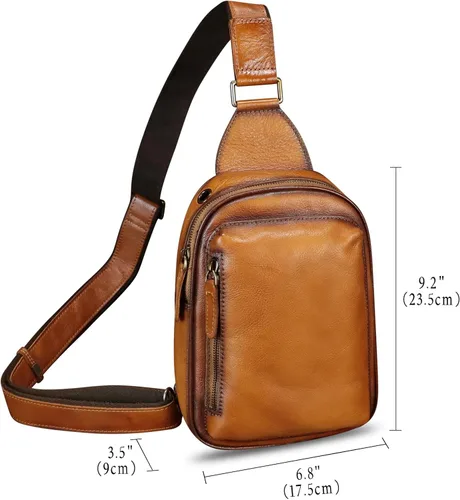Vista 4 de LRTO Bolso bandolera pequeño de cuero genuino para mujeres y hombres, bolsa cruzada para el pecho, mochila para senderismo, deportes, viajes