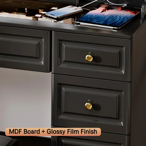 Vista 8 de 43" Lighted Makeup Vanity Set w/9 Drawers & Shelf, Padded Stool, Black