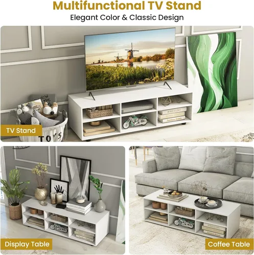 Vista 9 de Tangkula Soporte de TV con 6 compartimentos para televisores de hasta 55 pulgadas, centro de entretenimiento de madera blanca con 6 cubos