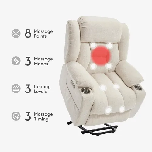 Vista 4 de FLEXISPOT Silla reclinable eléctrica con masaje y calor, silla elevadora de un solo motor, tapicería de tela de felpilla, USB/tipo C, portavasos