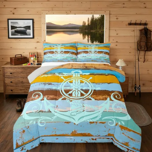 Vista 29 de Erosebridal Juego de edredón de ancla náutica, juego de ropa de cama con brújula oceánica, tamaño individual para niños, adolescentes y adultos