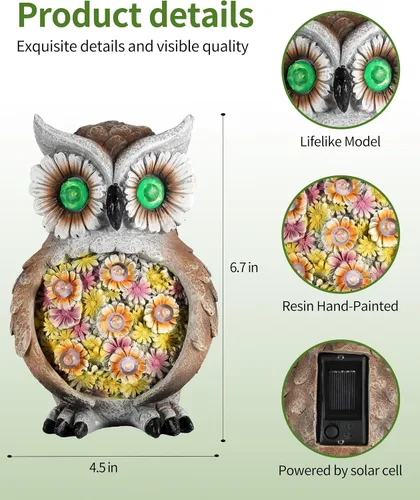 Vista 4 de iStatue Figura de búho de resina pintada a mano solar de 6.7 pulgadas con detalles realistas y ojos brillantes, perfecta para patio, arte al aire