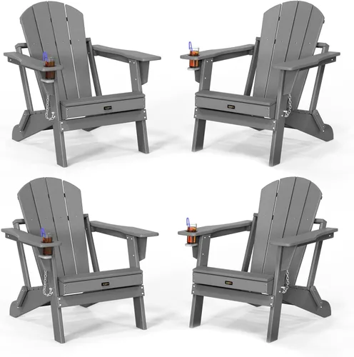 Vista 10 de VINGLI Sillas Adirondack de plástico, plegables con soporte para tazas, material de polietileno de alta densidad impermeable, cómoda capacidad