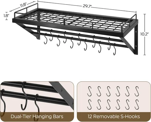 Vista 3 de YATINEY Estante para ollas, estante de pared de 30 pulgadas, organizador de ollas y sartenes de cocina con rieles colgantes de 2 niveles, 12 ganchos
