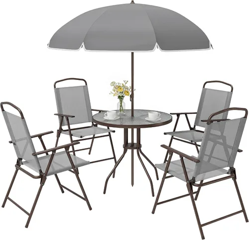 Vista 10 de Outsunny Juego de comedor de patio de 6 piezas para 4 personas con paraguas Beige