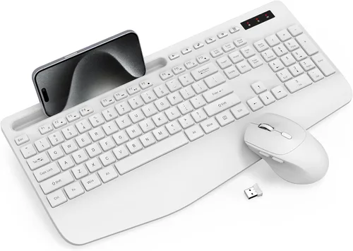 Vista 13 de Combo de teclado y mouse inalámbrico - Teclado ergonómico de tamaño completo con reposabrazos, soporte para teléfono, modo de suspensión, combo