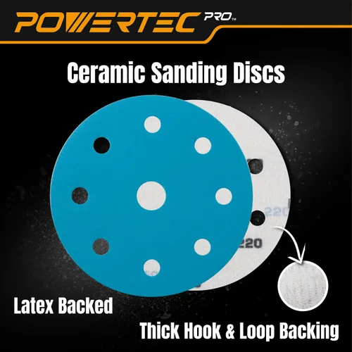 Vista 2 de POWERTEC PRO 45900C-45 - Disco de lijado surtido de 9 agujeros de 5 pulgadas, grano 80/120/220, discos de respaldo de gancho y bucle de cerámica