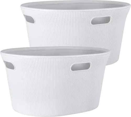 Vista 9 de Superio Colección acanalada - Cesto decorativo de plástico para ropa sucia con tapa y asas recortadas, azul (1 paquete) Organizador de cesta