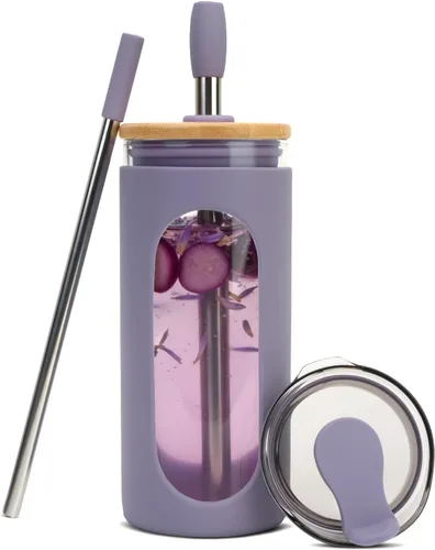 Vista 16 de Sursip - Vaso de vidrio de 20 oz con tapas y popotes, taza de café helado reutilizable de vidrio de borosilicato con tapa de bambú para batido, jugo