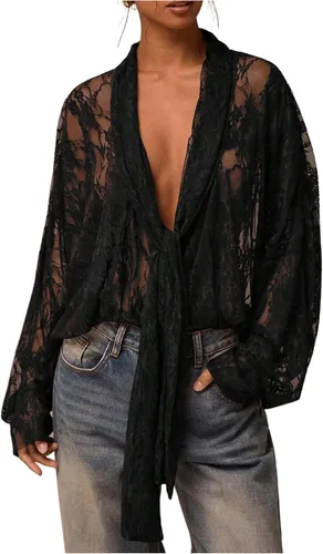 Vista 17 de SOLY HUX Blusa de encaje para mujer, manga larga, malla transparente con lazo frontal Marrón (pure brown)