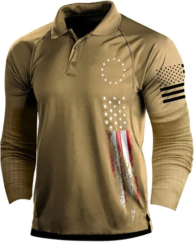 Vista 14 de Camisa polo de manga larga con bandera estadounidense para hombre, cuello gráfico patriótico, camiseta de golf, moderna, casual, cuello en V, tops