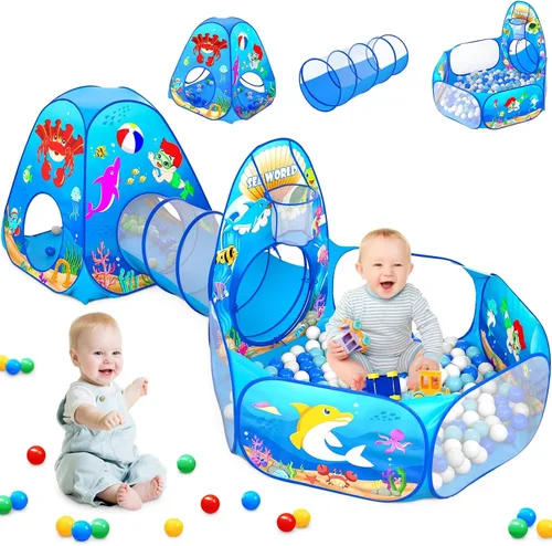 Vista 8 de Tienda de campaña de juego para niños de 3 piezas con túnel de juego y foso de pelotas, tienda de campaña para niños pequeños para niñas y niños