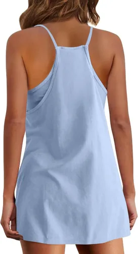 Vista 2 de HTHLVMD Vestido de tenis para mujer 2023, vestido corto de entrenamiento de verano con pantalones cortos, sin mangas, tirantes delgados, vestidos
