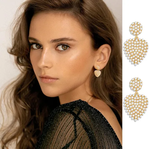 Vista 3 de Pendientes de perlas elegantes para mujer, aretes de perlas geométricas, aretes colgantes de perlas, regalos de joyería