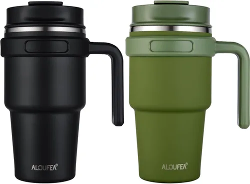 Vista 28 de Taza de café aislada de 20 onzas con asa, vaso de viaje de acero inoxidable con tapa y popote, taza térmica de doble pared al vacío a prueba de Negro