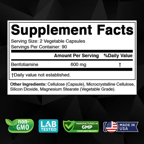 Vista 2 de Vitabod Benfotiamina 600mg - 180 cápsulas vegetarianas - Suplemento de vitamina B1 soluble en grasa