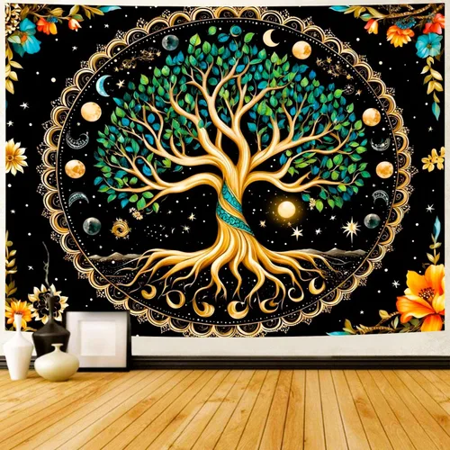 Vista 10 de Delur Tapiz de bosque con diseño de árbol de la vida, bosque tropical, para colgar en la pared, colorido paisaje místico, cabecero psicodélico