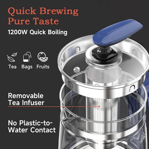 Vista 5 de Hervidor Eléctrico de Vidrio Caliente con Infusor de Té y Control de Temperatura, Tetera de Acero Inoxidable de 1.5L y Hervido Rápido de 1200W, Azul