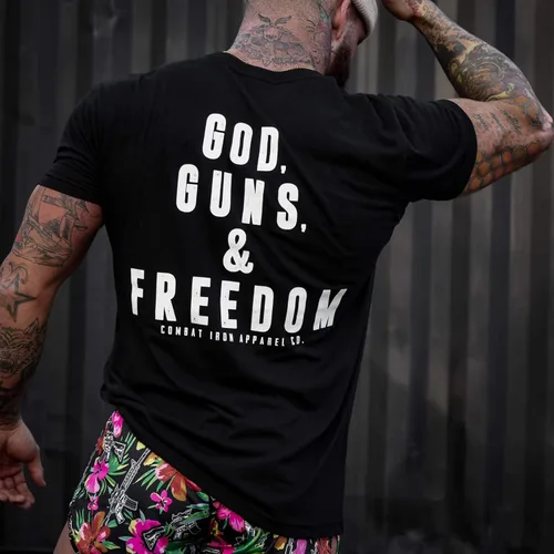 Vista 5 de Combat Iron God, Guns and Freedom - Camiseta de manga corta para hombre, Negro