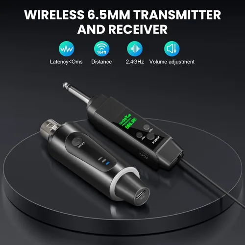 Vista 3 de Depusheng Sistema de micrófono inalámbrico de 2.4 GHz Transmisor y receptor con ajuste de volumen, baja latencia, recargable, rango de 150 pies