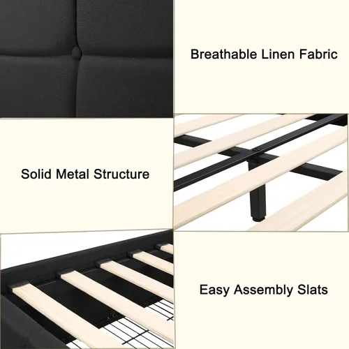 Vista 6 de Moderna base de cama tapizada con 4 cajones de almacenamiento, cama de plataforma con cabecera capitonada con botones ajustables, soporte de Negro