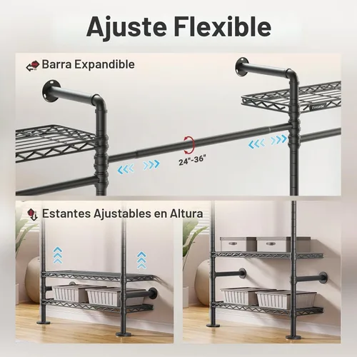 Vista 5 de Timate Perchero de ropa en forma de L L4 resistente para colgar ropa, perchero industrial expandible para ropa de tubería industrial montado