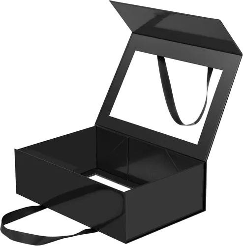 Vista 9 de Caja de regalo negra con ventana, caja de regalo magnética transparente para regalo, caja de propuesta de padrino de boda (10.5 x 7.5 x 3 pulgadas)
