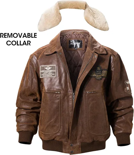 Vista 3 de FLAVOR Chaqueta bomber de cuero real para hombre con cuello de piel extraíble Aviator