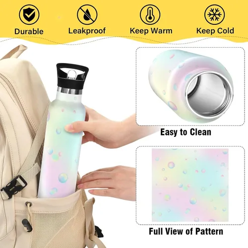 Vista 4 de Kids Water Bottle with Straw for School Leakproof Kids Insulated Water Bottle 20oz, BPA-Free, Pastel Colored Abstract Bubbles Dots Soft