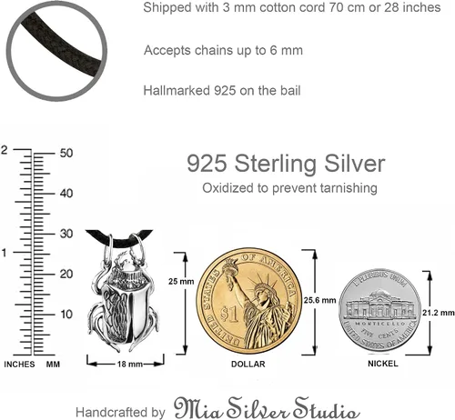 Vista 5 de 925 Sterling Silver Egyptian Scarab Beetle Necklace - Attract Money Wealth Amulet - Ancient Egypt Good Luck Talisman - Realistic Detailed Bug