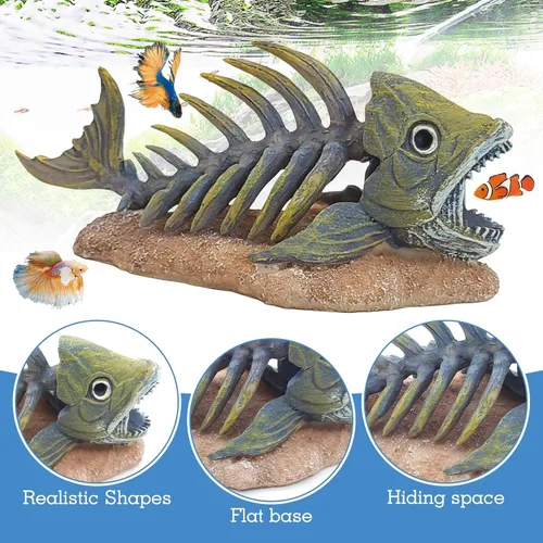 Vista 4 de kathson Decoraciones de pecera de resina, esqueleto de piraña, decoración de acuario, accesorios de tanque de reptiles, adorno de hueso de pescado