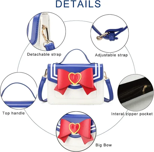 Vista 5 de Sailor Moon - Bolso de anime inspirado en la luna para cosplay, bolso cruzado de hombro pequeño para mujeres y niñas (azul), Azul Patchwork, S