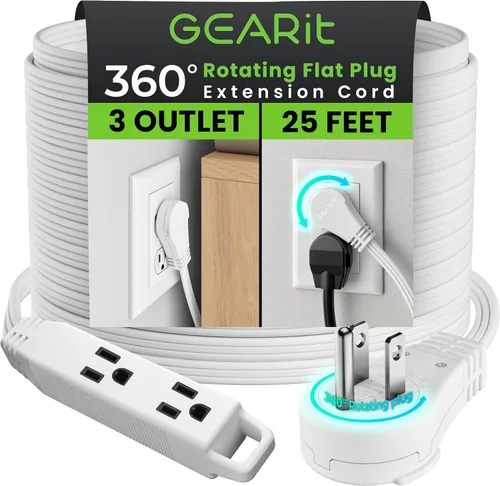 Vista 31 de GEARit Cable de extensión de enchufe plano giratorio de 360° de 3 pies, cable de alimentación de perfil bajo de 3 salidas, ahorro de espacio