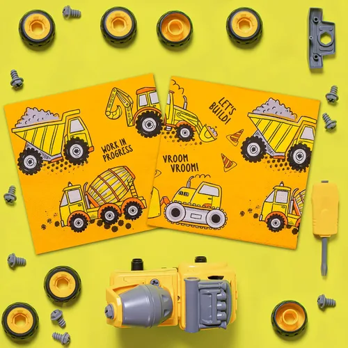 Vista 6 de DYLIVeS Servilletas de fiesta con temática de construcción, servilletas de fiesta de cóctel, servilletas de papel desechables de tractor amarillo