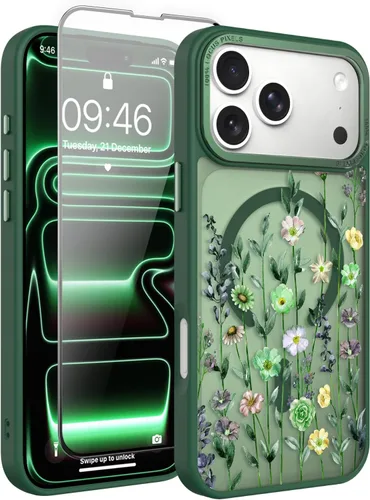 Vista 196 de Magnético para iPhone 13 con protector de pantalla [Compatible con MagSafe] Diseño de patrón floral de flores bonitas, funda delgada a prueba
