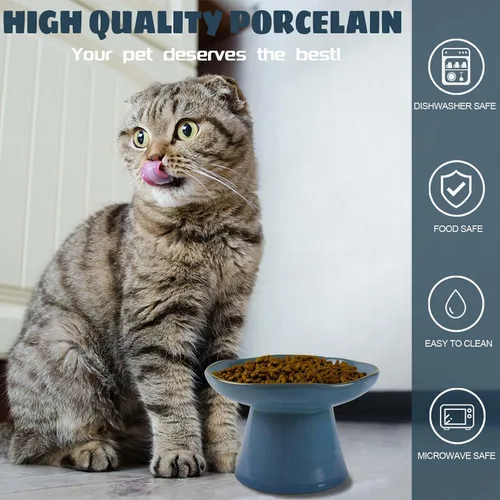 Vista 4 de Cuenco elevado de cerámica extra ancho de 6.1 pulgadas para comida de gato, comedero elevado poco profundo para mascotas para alimentación, cuencos