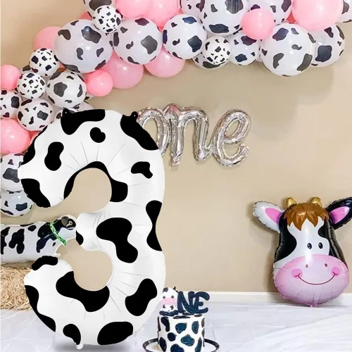 Vista 5 de Globo con estampado de vaca de 40 pulgadas, globo número 3, suministros para fiesta de cumpleaños con temática de vaca, globos de número para granja