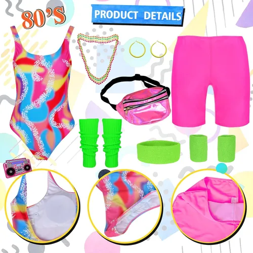 Vista 3 de CICOCI Traje de entrenamiento de los años 80 para mujer, disfraz de hoja rodante con accesorios de los años 80, conjunto retro para fiestas