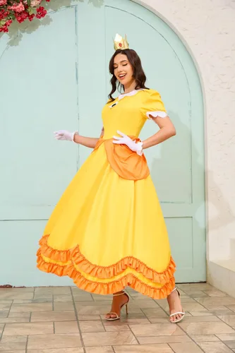 Vista 3 de LILLIWEEN Vestidos de princesa para mujer, disfraz de princesa, Halloween, conjunto completo con corona y aretes y guantes (talla EE. UU.)