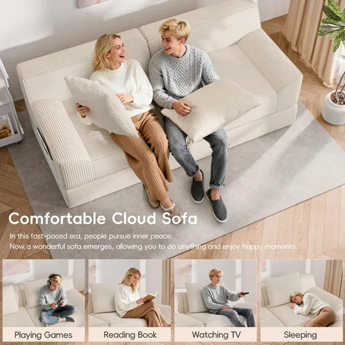 Vista 7 de Sofá cama convertible, sofá de 79 pulgadas sin huesos, sofá cama de corduroy, sofá chaise doble extragrande, futón en nube, sofá modular de piso
