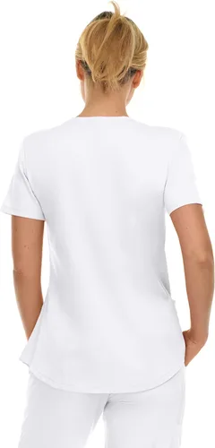 Vista 2 de MediChic Scrubs Top Quirúrgico para Mujer con Cuello en V con Muesca Elástico de Moda con Dos Bolsillos, Tela Flex de Fácil Cuidado Blanco